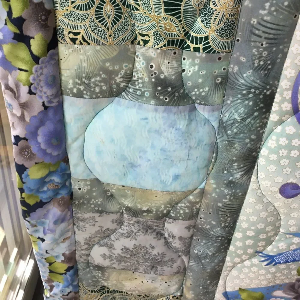 NWT Hand Crafted Quilt in Oriental Prints of Blues and Aquas With Cranes